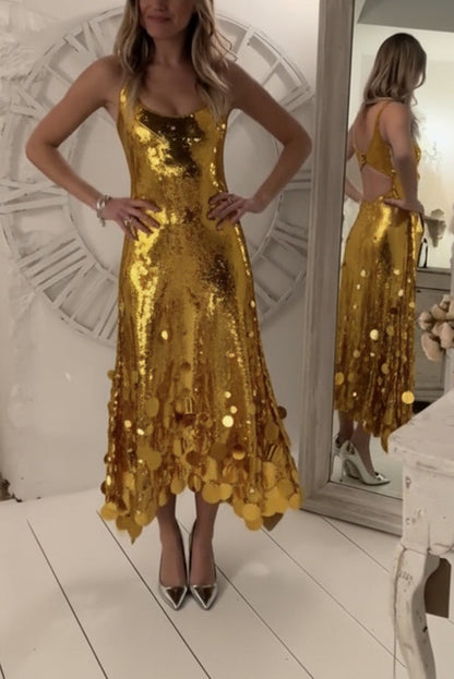 Party Tips Sequin Irregular Round Tassels Hem Back Cutout Tank Maxi Dress (Shipped Within 24 Hours)