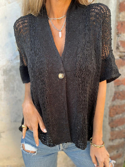 One Button Hollow Knit Tops