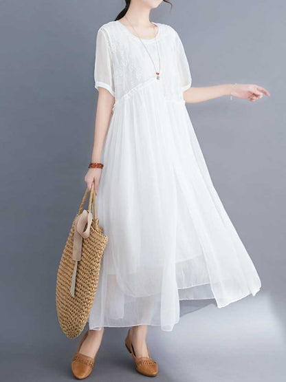 Embroidered Silk Round-Neck A-Line Dress