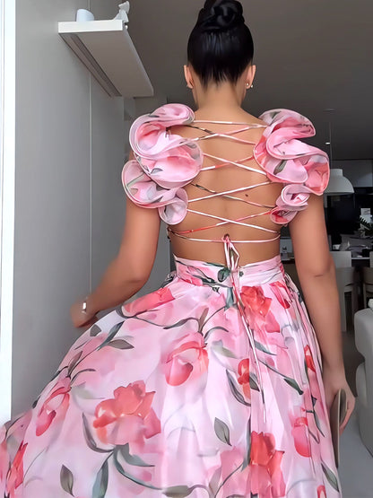 Blossom Lace-Up Chiffon Dress