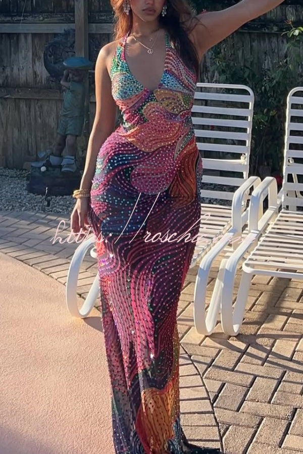 Fashionable Colorful Printed Sleeveless Halter Neck Slim-fit Maxi Dress