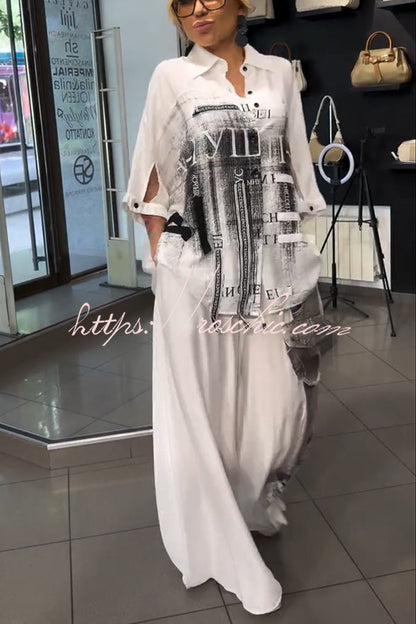 Street Style Graffiti Print Button Half Sleeve Blouse and Elastic Waist Pocket Wide Leg Pants Set