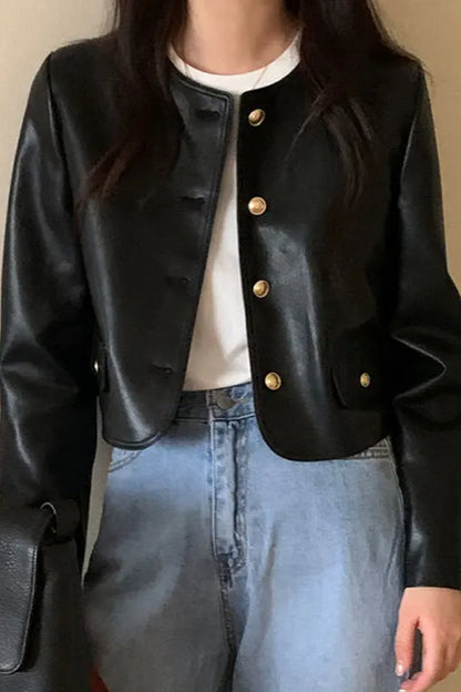 Retro O-Neck PU Leather Jacket