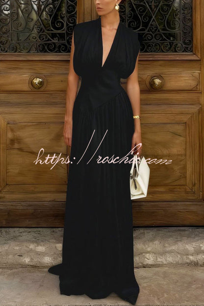 Elegant V-neck Sleeveless Fitted Waist High Slit Vacation Maxi Dress