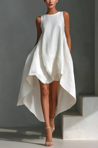 Linen Blend Solid Color Sleeveless Round Neck Irregular Casual Maxi Dress