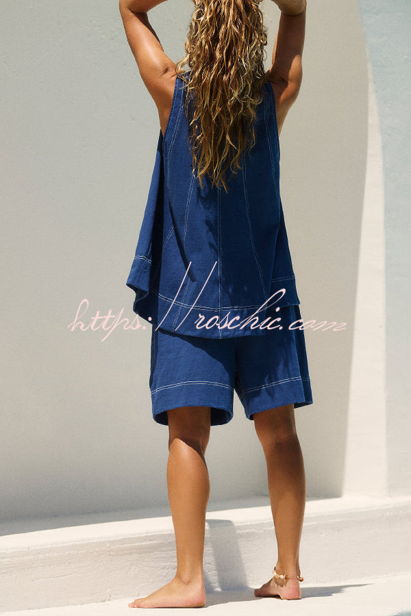 Stylish Loose-fitting Round Neck Sleeveless Top and Casual Pocket Shorts Denim Set