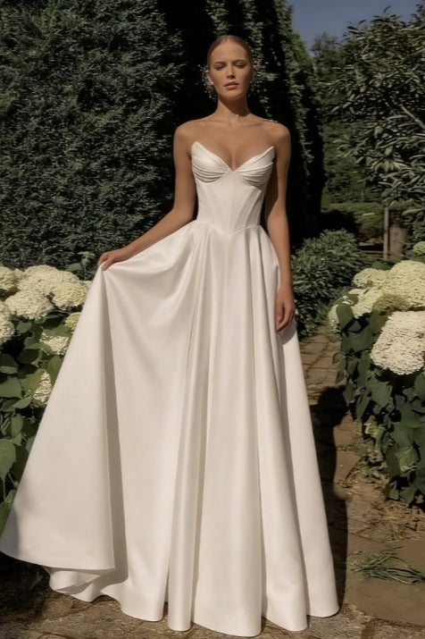 Strapless Satin Cathedral Train Wedding Dress