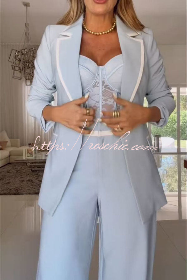 Timeless Essence Color Block Trim Button Up Long Sleeve Lapel Blazer
