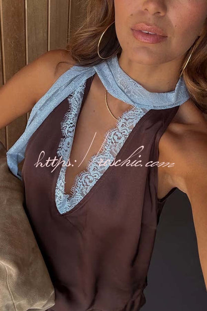 Sunday Social Contrast Color Satin Lace Trim Neck Strap Loose Tank (Shipped Within 24 Hours)