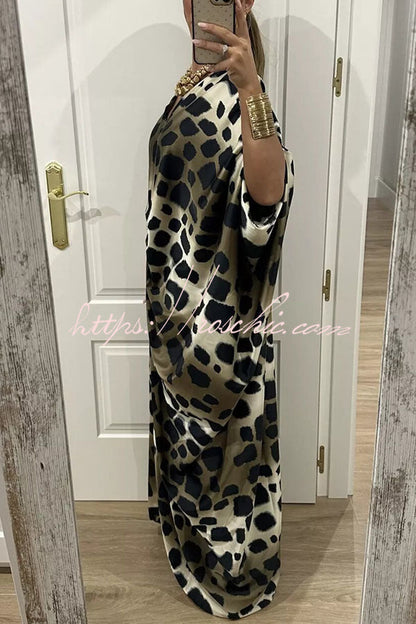 Airy Satin Unique Print V-neck Gemstone Embellished Drape Robe Maxi Dress