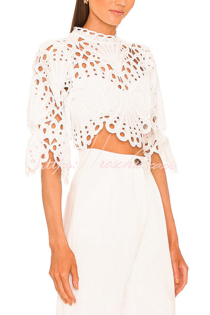 Fiji Embroidered Cutout Scallop Pattern High Neck Half Puff Sleeve Crop Top