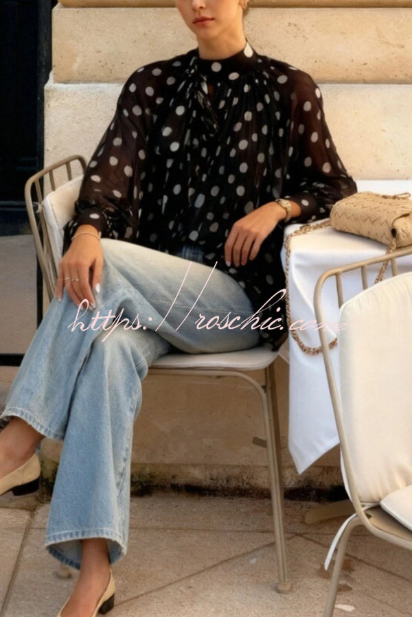 Polka Dot Print Tie-waist Lantern Sleeve Elegant Loose Shirt