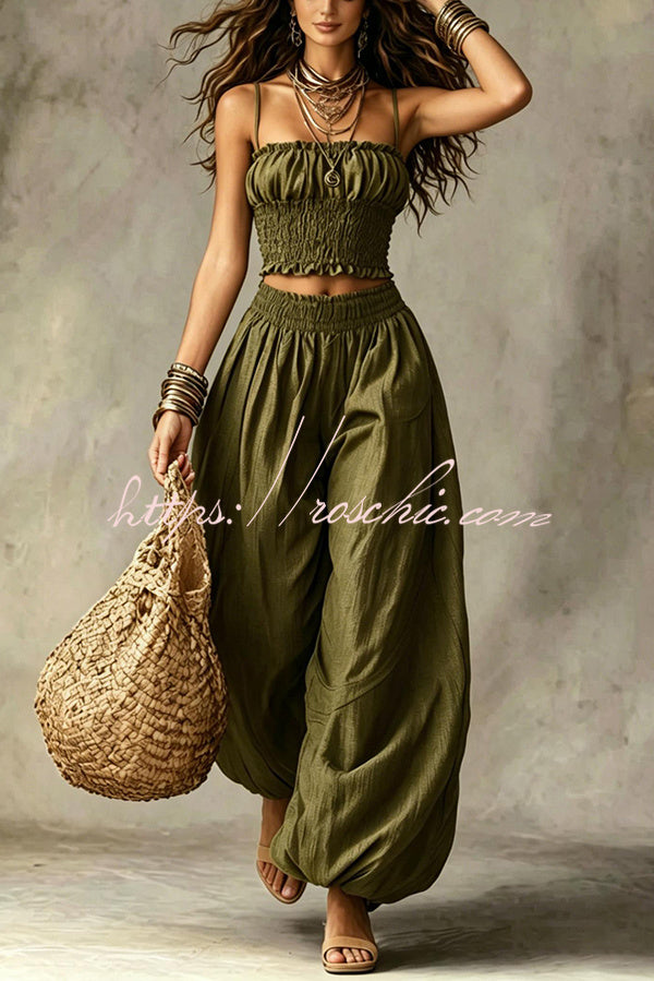 Olive Gypsy  pleated crop top and high-waisted wide-leg pants set