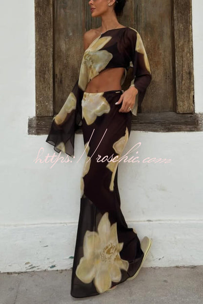 Floral Print Off-shoulder Long-sleeved Loose Top and Elegant Drawstring Maxi Skirt Set