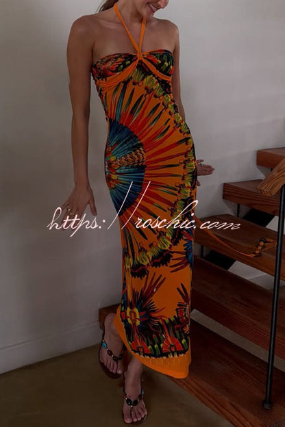 Ethnic-style Contrast Color Artistic Printed Beaded Halter Maxi Dress