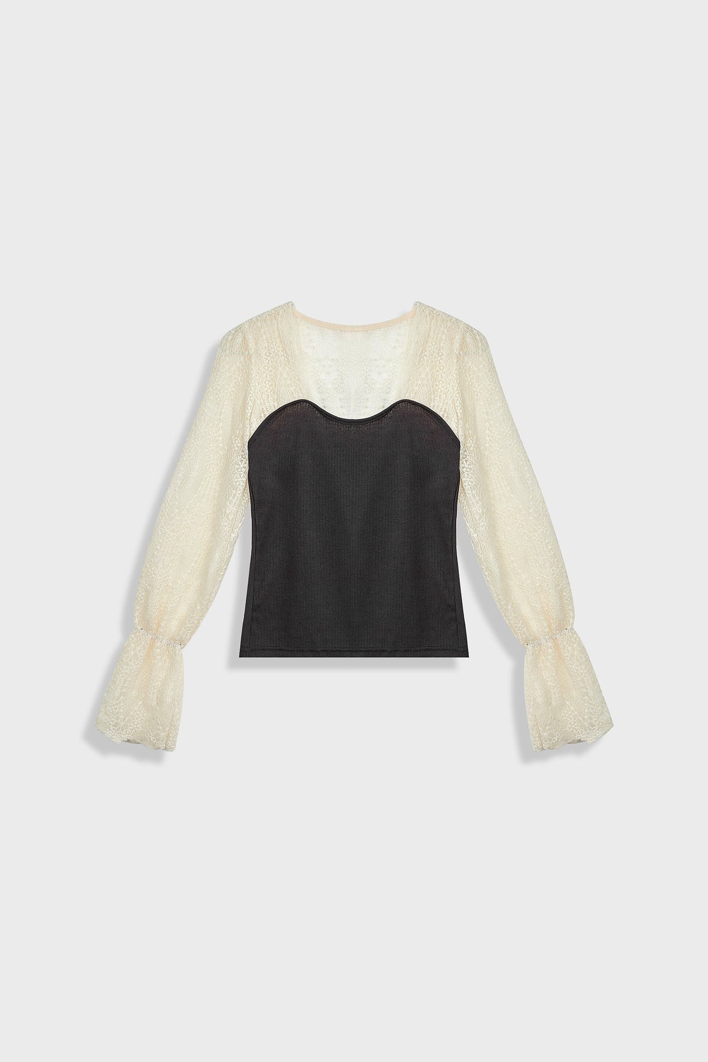 Black Ribbed Lace Long Sleeve Blouse