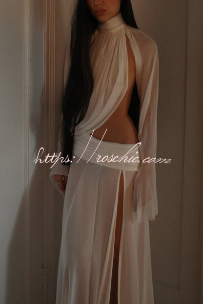 Sexy See-through High-neck Long-sleeved Draped Top and High-waisted Slit Maxi Skirt Vacation Set