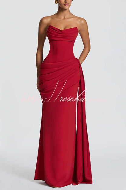 Matisse Strapless Pleated Cowl Overlay Back Lace-up Drape Panel Maxi Dress