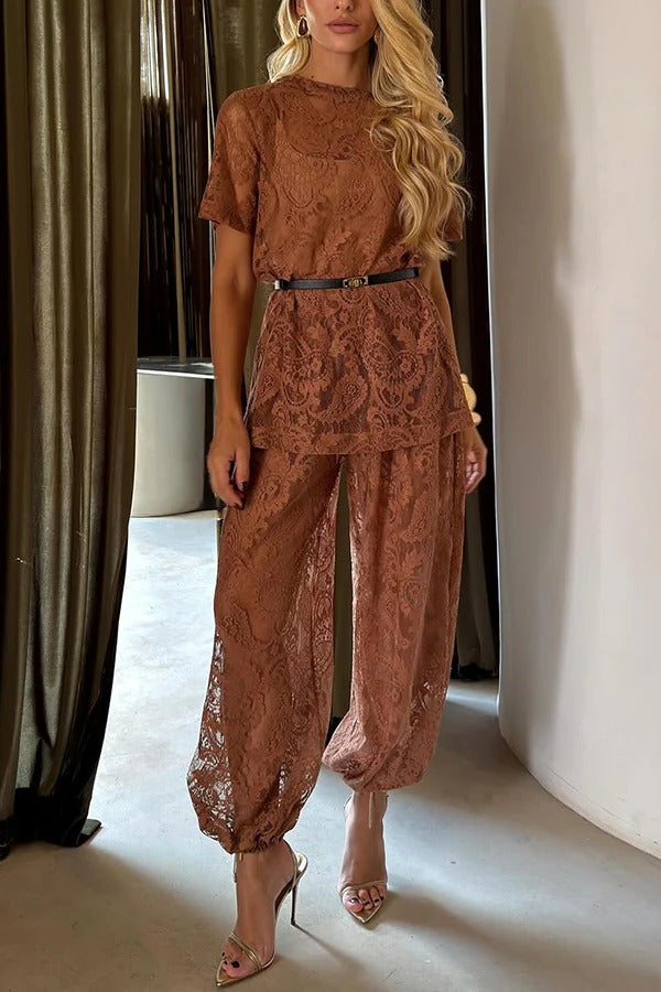 Winonah Mesh Lace Short Sleeve Top and Elastic Waist Loose Lantern Pants Set