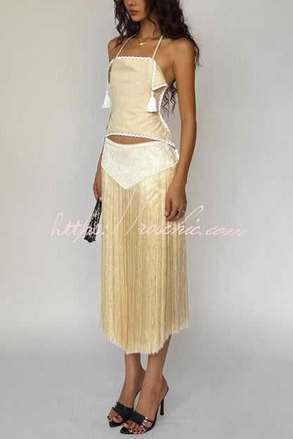 Fashionable Lace Appliqu¨¦ Tassel Hem Vacation Maxi Skirt