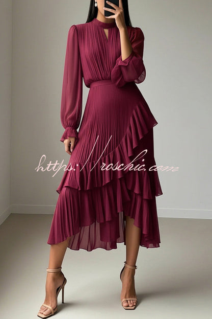 Solid Color Round Neck Long Sleeve Fitted Waist Pleated Ruffle Midi Dress