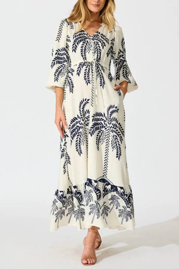 Tropical Palm Print V-Neck Waisted Maxi Dress