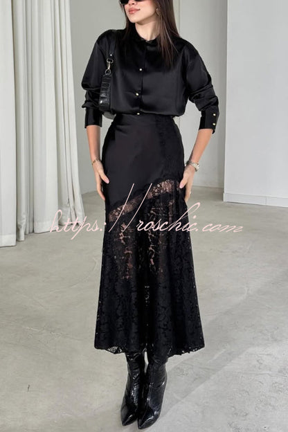 Solid Color Silk Satin and Lace Spliced elegant Maxi Skirt