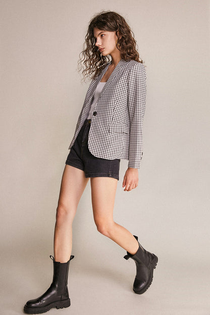 Grey Checked Single-Breasted Blazer