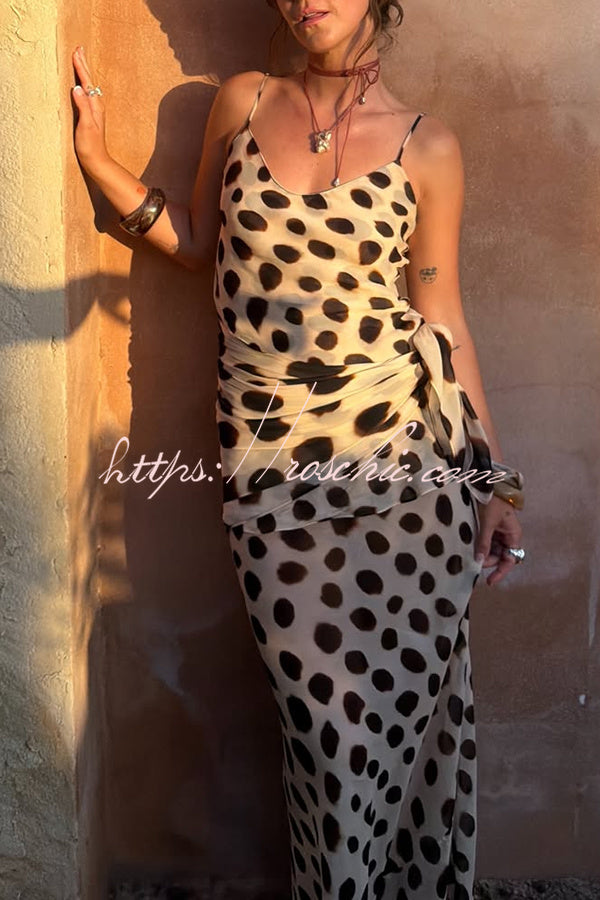 Ozias Leopard Polka Dot Pattern Scoop Neck Removable Scarf Detail Slip Maxi Dress