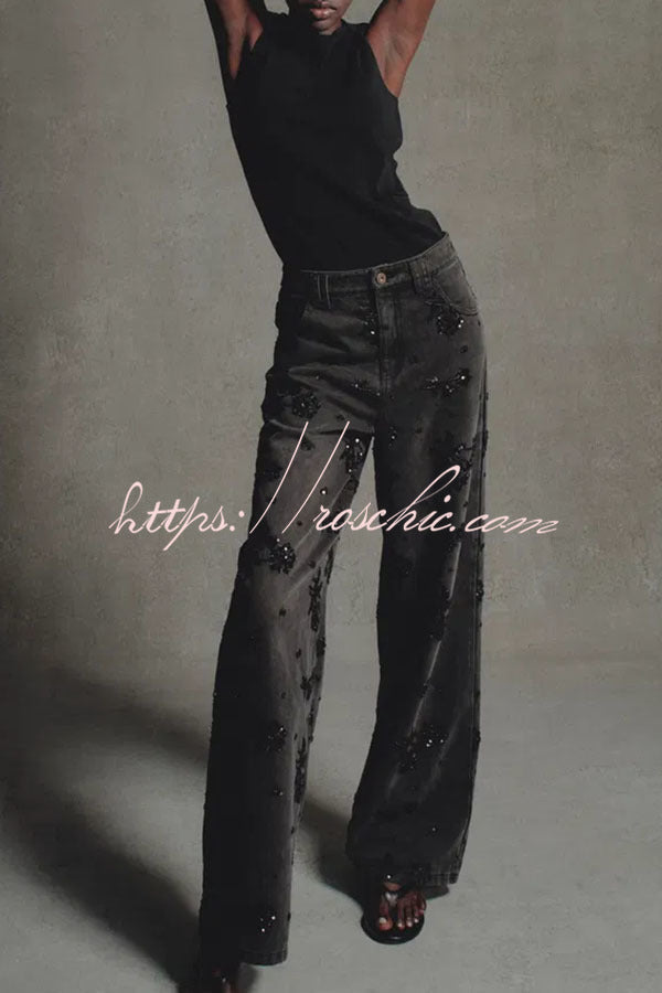Jhenie Denim Beaded Sequin Floral Pattern Mid Rise Pocket Wide Leg Jeans
