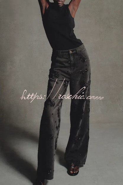 Jhenie Denim Beaded Sequin Floral Pattern Mid Rise Pocket Wide Leg Jeans