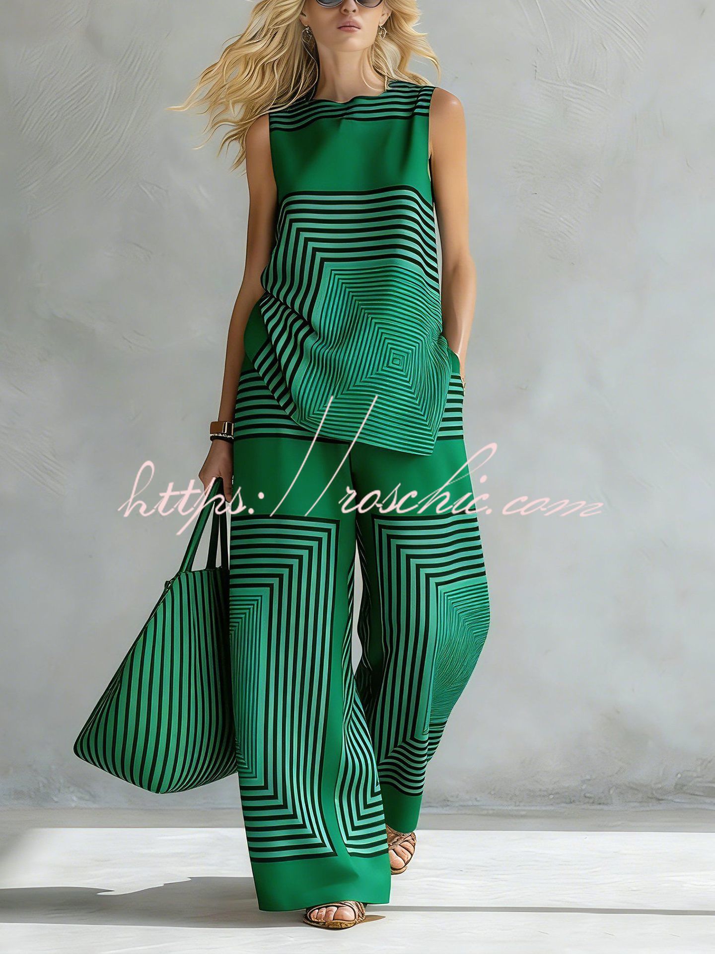 Geometric Print Loose-fitting Round Neck Sleeveless Top and Elastic Waist Casual Pocket Wide-leg Pants Set