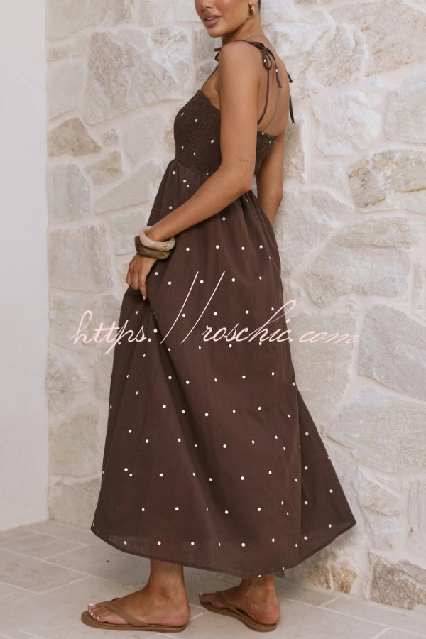 Fashionable Polka Dot Print Suspender High-waisted Pleated Casual Maxi Dress