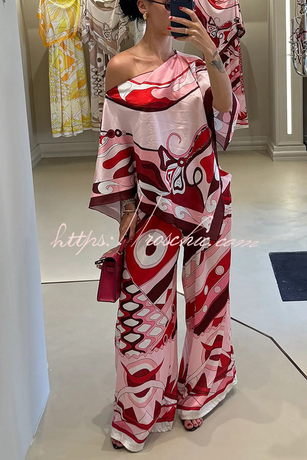 Luxe Resort Satin Unique Print Cape-style Top and Elastic Waist Pocket Wide Leg Pants Set