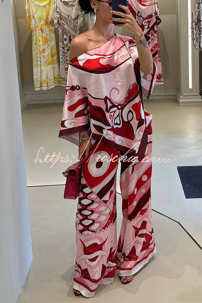 Luxe Resort Satin Unique Print Cape-style Top and Elastic Waist Pocket Wide Leg Pants Set