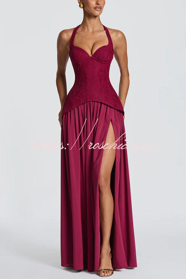 Almira Crepe and Lace Bodice Back Lace-up Chiffon Pleated Hem Maxi Dress
