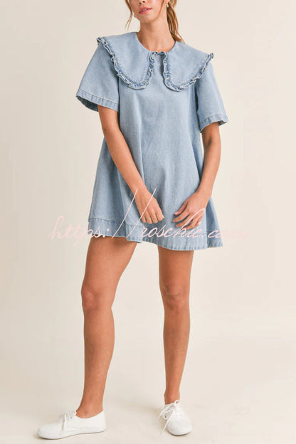 Solid Color Loose Short-sleeved Casual Ruffled Denim Mini Dress