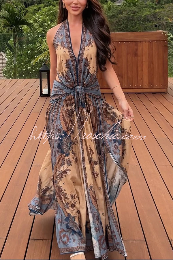 Chapel Linen Blend Floral Print Cutout Tie-up Waist Pocket Halter Backless Maxi Dress