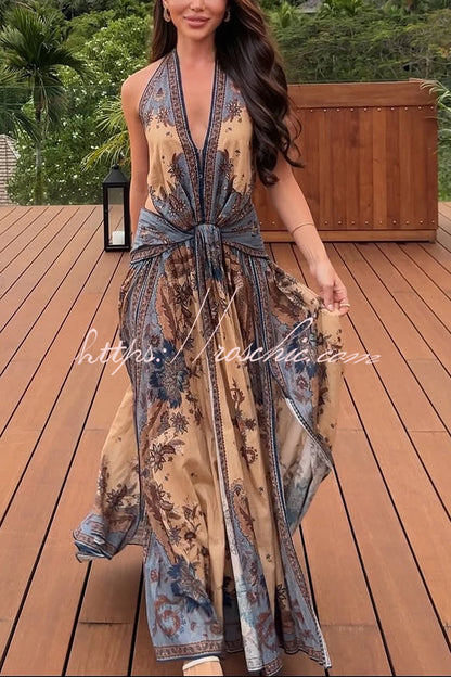 Chapel Linen Blend Floral Print Cutout Tie-up Waist Pocket Halter Backless Maxi Dress