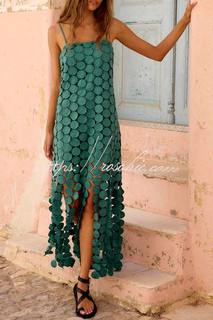Juju Embroidered Cutout Polka Dots Square Neck Tassel Hem Slip Maxi Dress