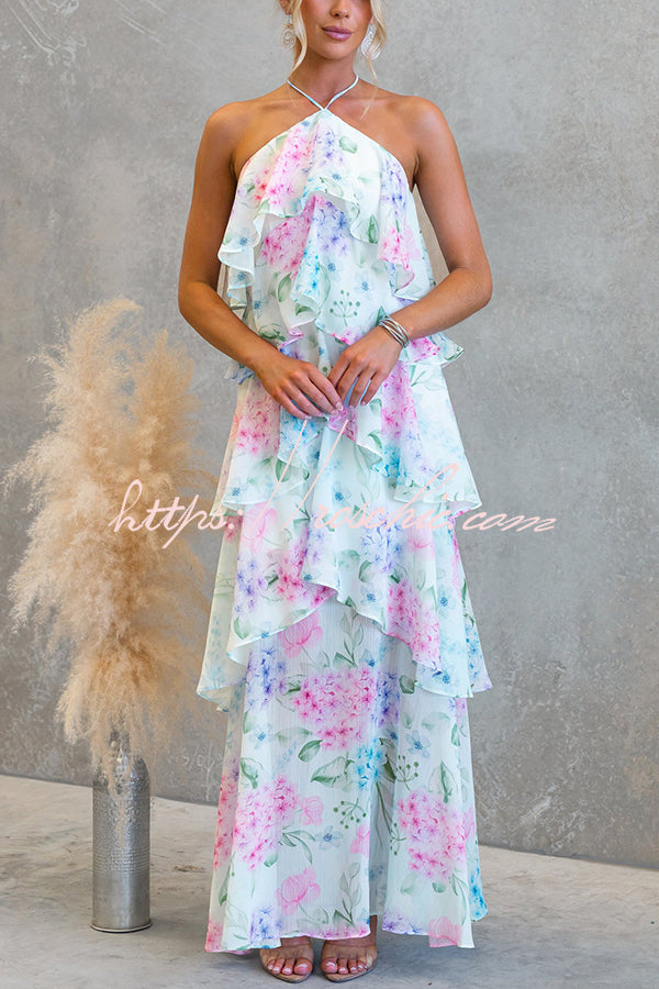Poetic Eden Chiffon Floral Print Tiered Ruffles Halter A-line Maxi Dress