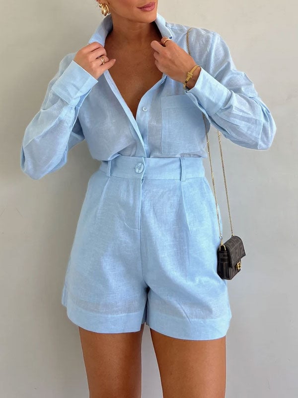 Casual Linen Blouse and Shorts Set