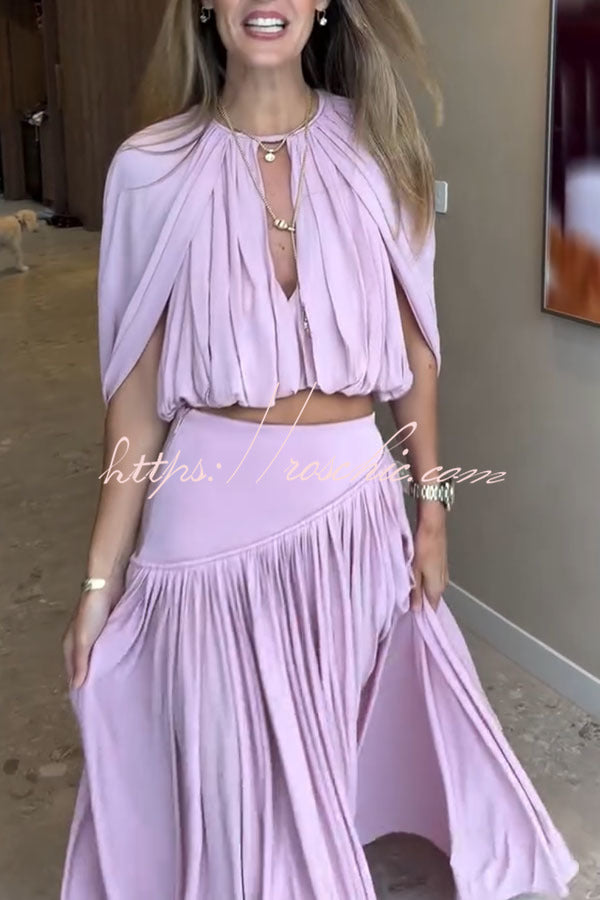 Venus Cutout Neck Slit Sleeve Crop Ruched Top and High Rise Pleated Maxi Skirt Set