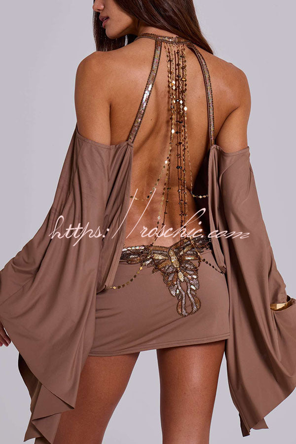 Alula Chain Sequin Embroidered Butterfly Kimono Slit Sleeve Backless Mini Dress