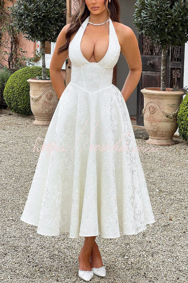 Stylish Jacquard Halter Neck Fitted Waist Open Back Elegant Midi Dress