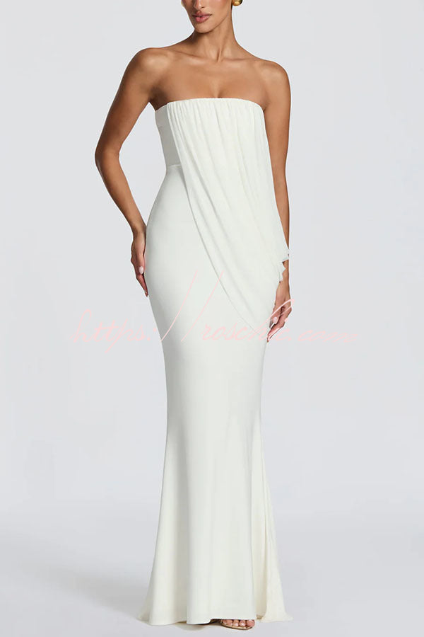 Vienna Modal Jersey Ruched Asymmetric Draped Mesh Strapless Maxi Dress