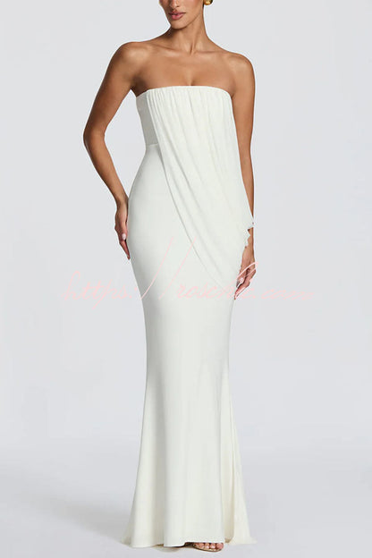 Vienna Modal Jersey Ruched Asymmetric Draped Mesh Strapless Maxi Dress