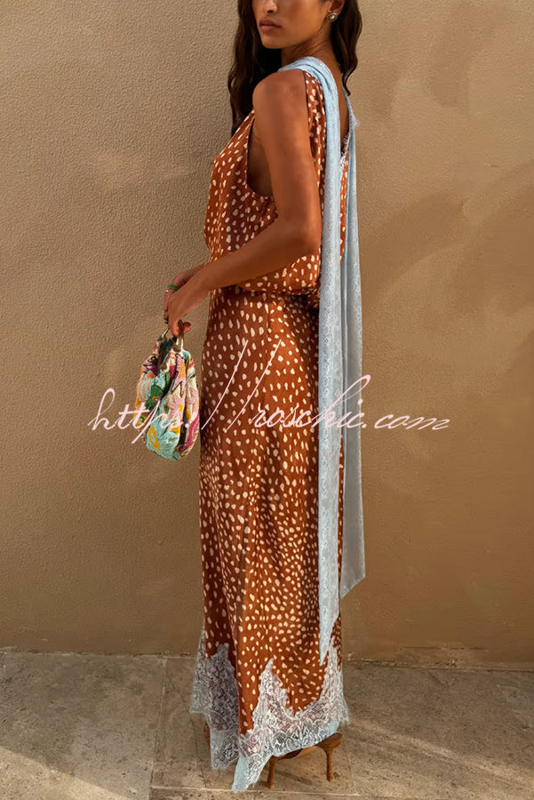 Stunning Fawn Print Contrast Color Satin Lace Trim Neck Strap Loose Tank