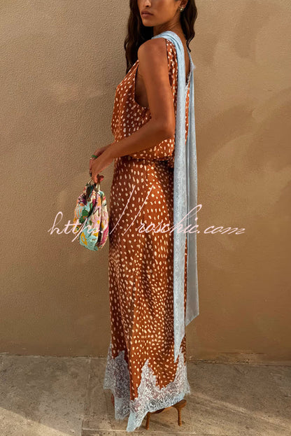 Stunning Fawn Print Contrast Color Satin Lace Trim Neck Strap Loose Tank