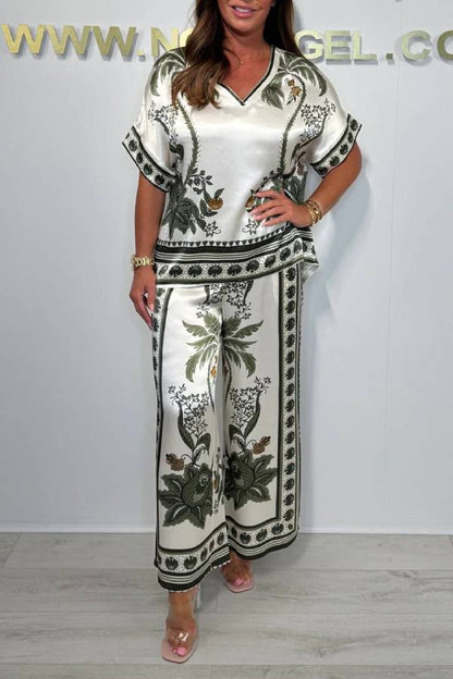 V-neck Short Sleeve Botanical Print Satin Wide-Leg Pants Set